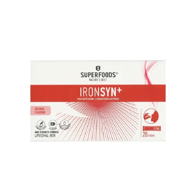 Superfoods Ironsyn+, Συμπλήρωμα Διατροφής Λιποσωμιακού Σιδήρου, Βιταμινών & Προβιοτικών για την Αντιμετώπιση της Σιδηροπενίας Κατά της Κούρασης & Κόπωσης με Γεύση Πορτοκάλι 20Sticks