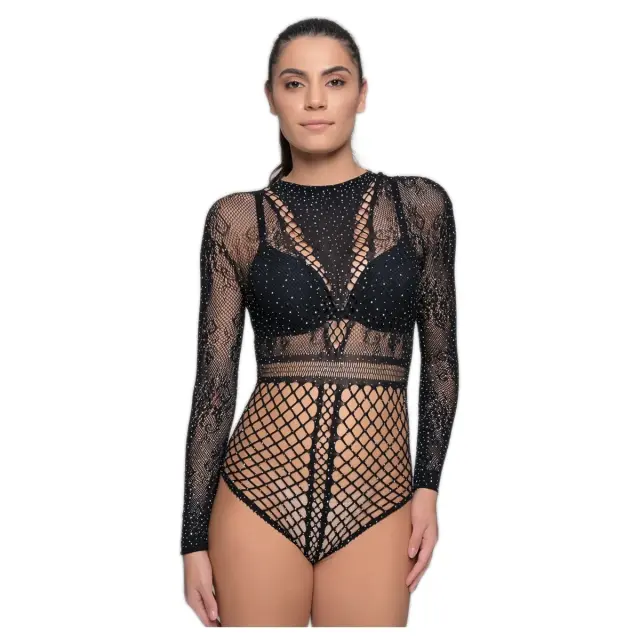 Milena Γυναικείο Δαντελένιο Κορμάκι με Strass & Cut-Out Λεπτομέρειες, Χρώμα Μαύρο - ONESIZE 3