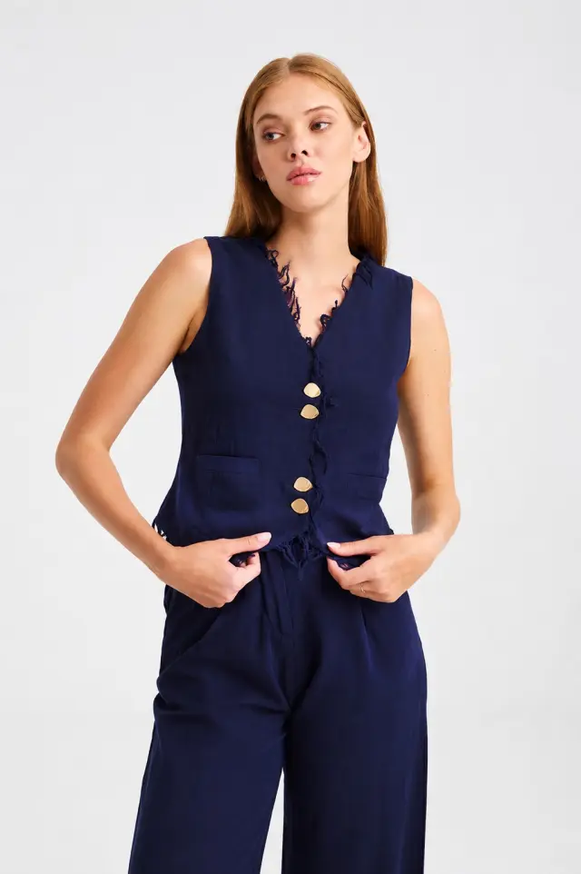 Λινό Γιλέκο με Ξέφτια και Κουμπιά SHONA VEST - XS