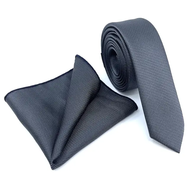 Ανθρακί Oxford Γραβάτα Slim 4,5 cm Σετ με Μαντηλάκι