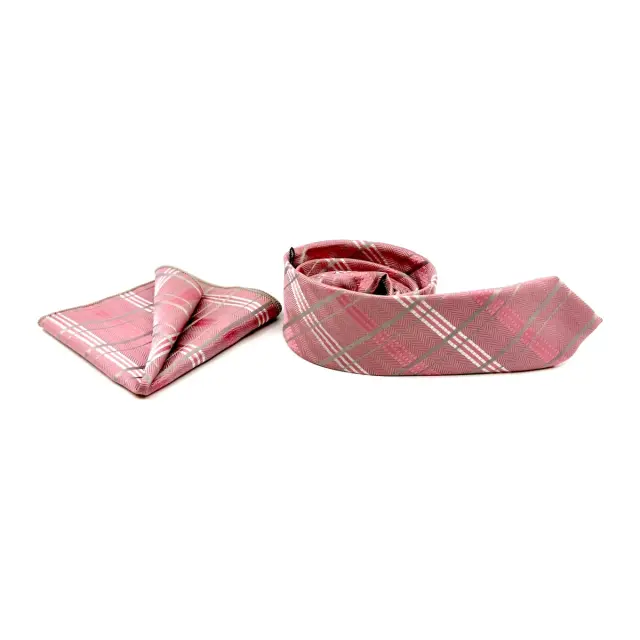 Ροζ Γραβάτα Καρό Microfiber Σετ με Μαντήλι 6,5 cm 3