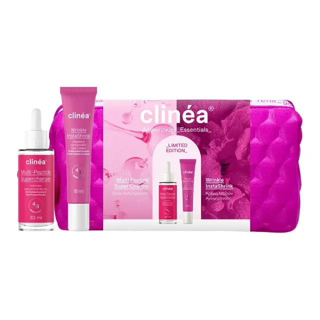 Clinea Limited Edition Gift Set Anti-Wrinkle Essentials Multi Peptide Super Charger Oρός Προσώπου, 30ml, Wrinkle InstaShrink Κρέμα Ματιών, 15ml & Δώρο Νεσεσέρ, 1τεμ, 1σετ