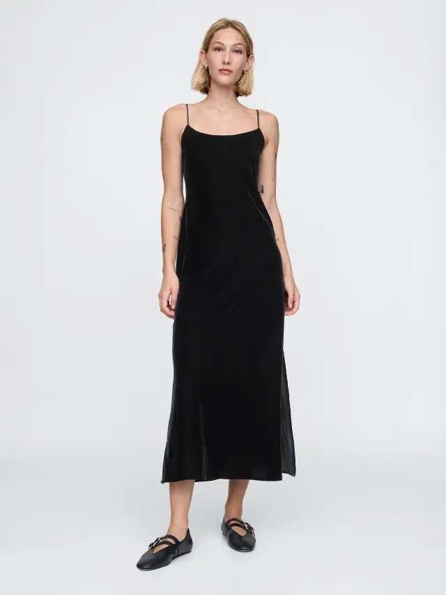 Μαύρο Ανακυκλωμένο Βελούδινο Maxi Slip Φόρεμα Black