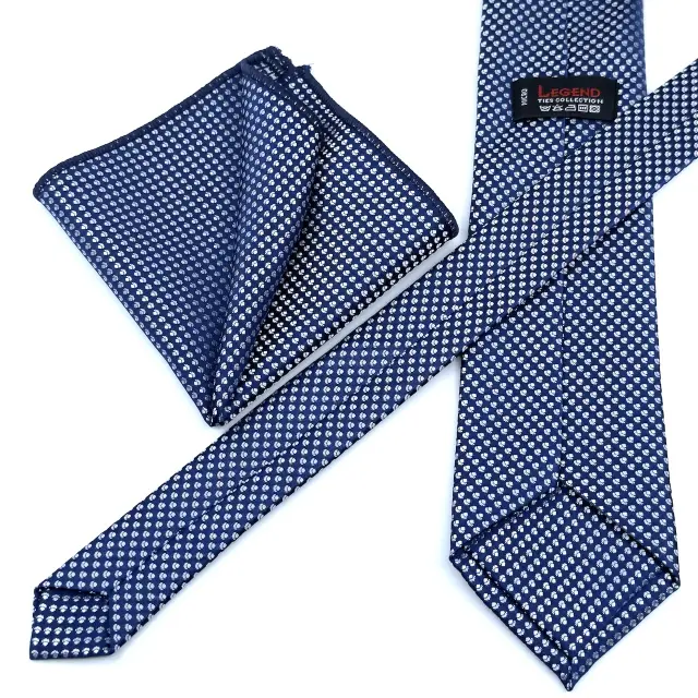 Γραβάτα Microfiber σε Μπλε Μοτίβο Σετ με Μαντηλάκι 3