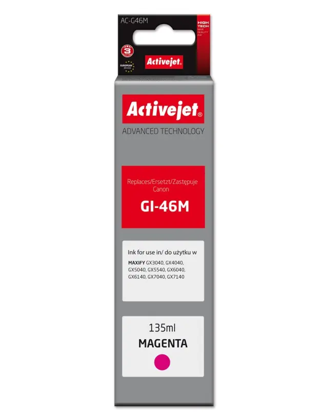 Activejet AC-G46M Ink cartridge for Canon printers, Replacement for Canon GI-46M; Supreme; 135 ml; magenta