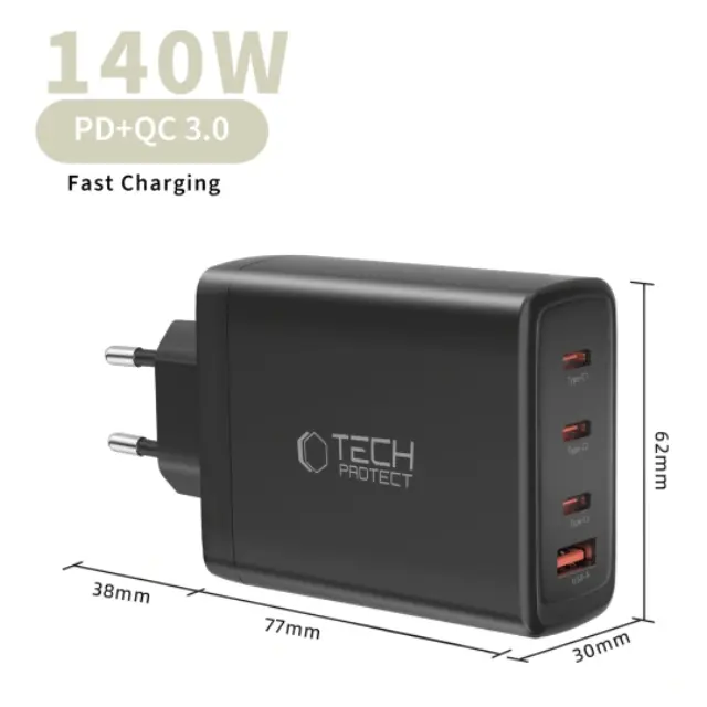 Tech-protect Nc140w-gan 4-port Network Charger Pd 140w / Qc3.0 Black 2