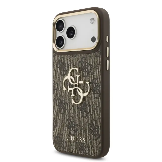 Guess PU Leather 4G Metal Logo Gold Frame Case for iPhone 18 Pro Max Brown 2