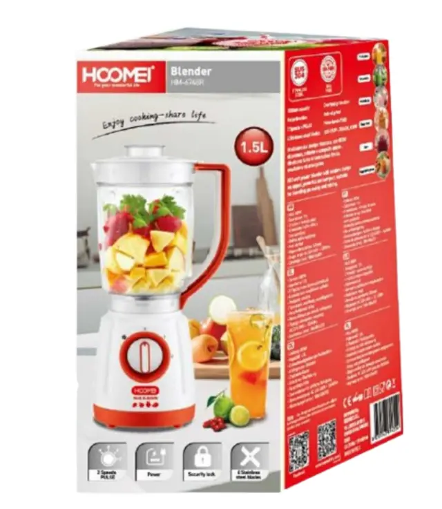Hoomei Μπλέντερ με Γυάλινη Κανάτα 1.5lt 800W Κόκκινο HM-6748R 2