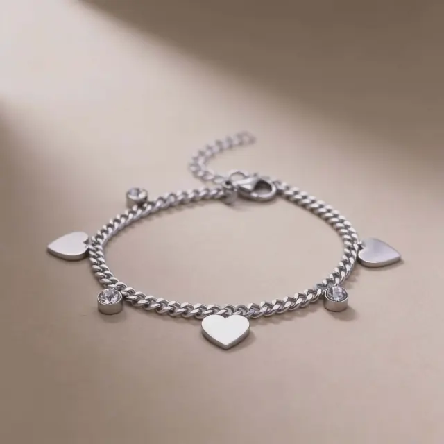 Silver Heart Charm Bracelet with Zircon Stones