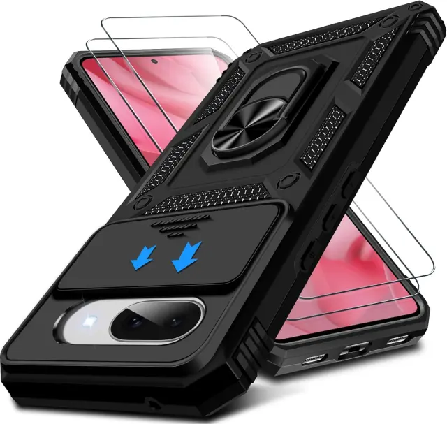 Camera Protection Mobile Phone Case for Google Pixel 9A Magnetic Metal Ring Holder Military