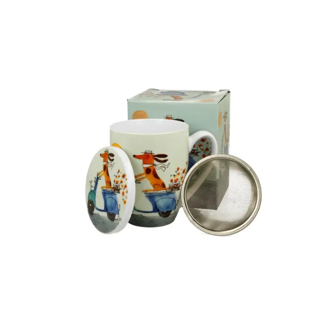 Duo gift Cats & Dogs Πορσελάνινη Κούπα 360ml με Φίλτρο & Καπάκι: Dog on a Scooter