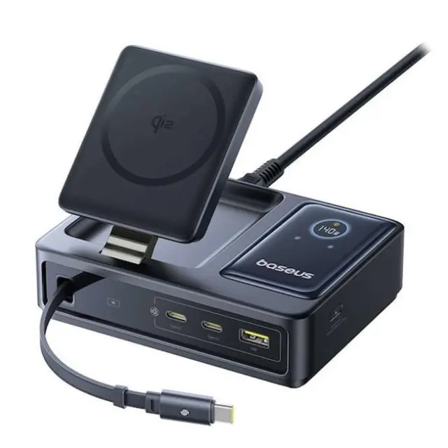 Baseus Wireless Charging Station NOMOS 140W Qi2 5-in-1 with Retractable USB-C Cable and Digital Display Black (P10170902123-00)