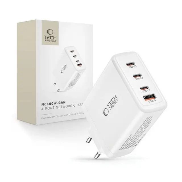 Tech-Protect Φορτιστής NC100W-GAN GaN 3x USB-C PD 100W / USB-A QC 3.0 White