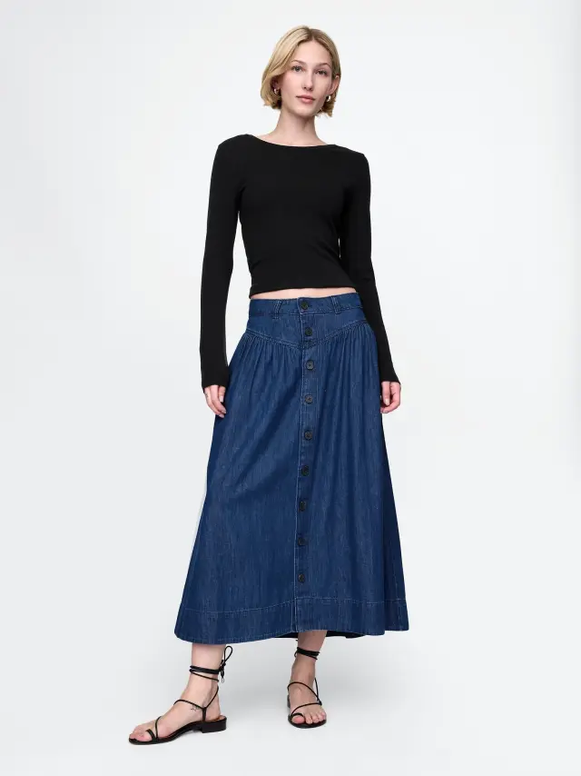 Denim Western Yoke Midi Φούστα Dark wash - 25
