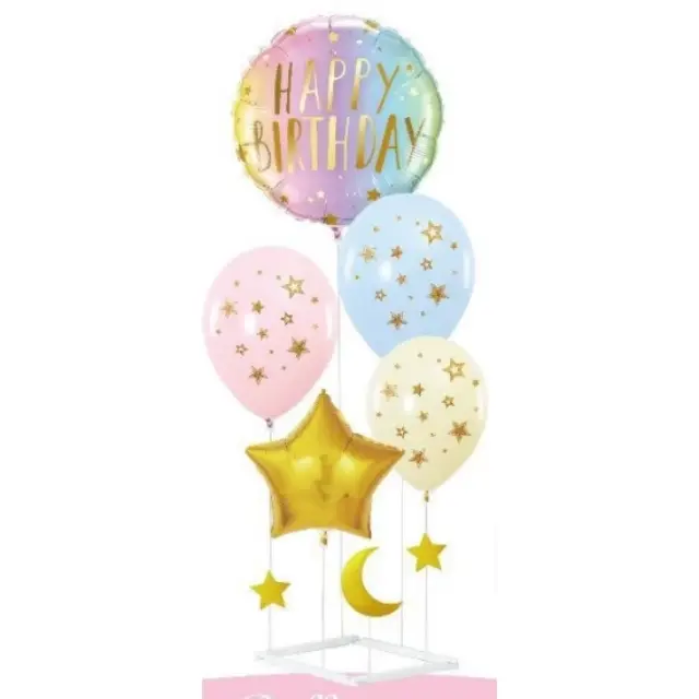 Σύνθεση 6τμχ μπαλόνια Happy Birthday με βάση στήριξης