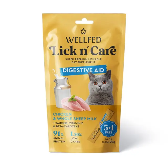 WellFed Lick n Care Digestive Aid Λιχουδιά για Γάτες με Κοτόπουλο & Γάλα 90gr