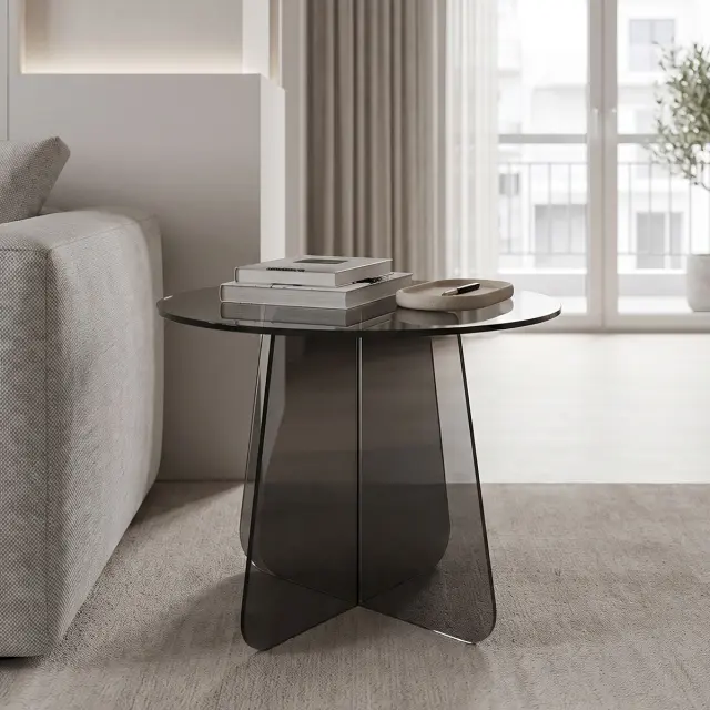 Τραπέζι βοηθητικό Cleary pakoworld tempered 8mm γυαλί ανθρακί Φ50x45εκ