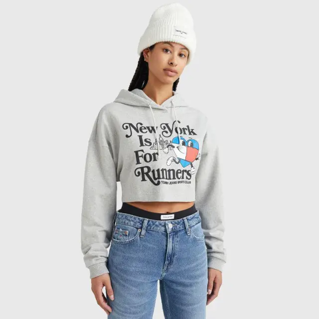 Tommy Hilfiger - Cropped Γυναικείο Φούτερ με Κουκούλα DW0DW14872-PJ4 Γκρι - XL