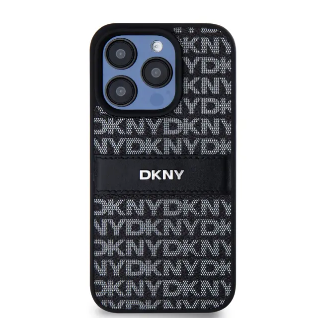 DKNY PU Leather Repeat Pattern Tonal Stripe Case for iPhone 15 Pro Max Black 2