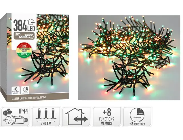 384 Φωτάκια LED - 3 Μέτρα + 3 Μέτρα σύνδεσης , Πυκνή Διάταξη, με χειριστήριο, 8 προγράμματα, Μαύρο καλώδιο PVC - Πολύχρωμο AX8550710