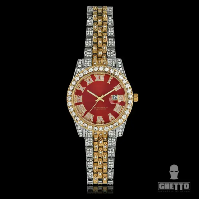 Ghetto 2021 Hip Hop Iced 2tone Rhinestones Quartz Watch SS Red