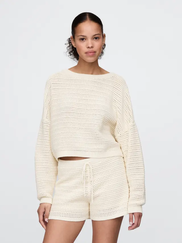 Γυναικείο Crop Πουλόβερ σε Κροσέ Πλέξη Ivory beige frost - L