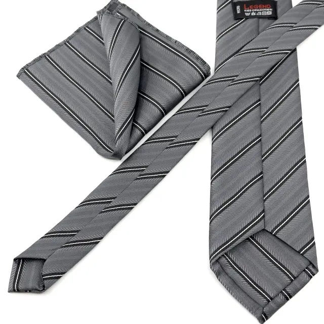Γκρι Ριγέ Γραβάτα Microfiber Σετ με Μαντήλι Σχέδιο 264 3