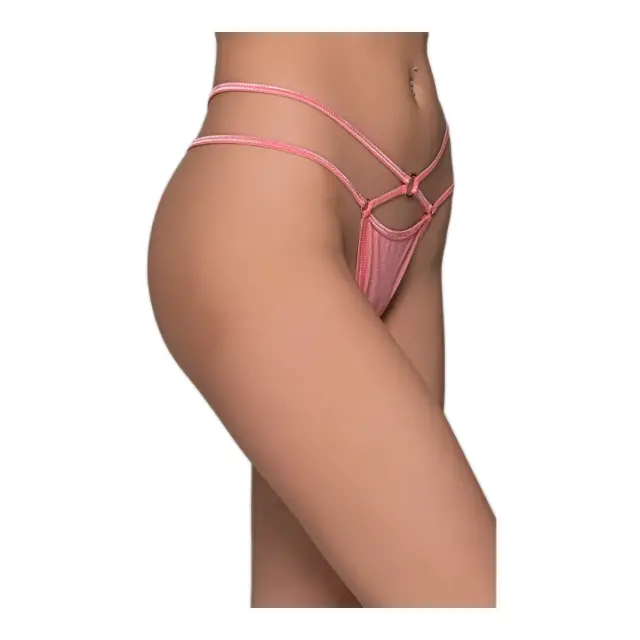 Milena Γυναικείο Micro G-String Γυαλιστερό με Διπλά Λάστιχα & Κρικάκια, Χρώμα Κοραλί 3