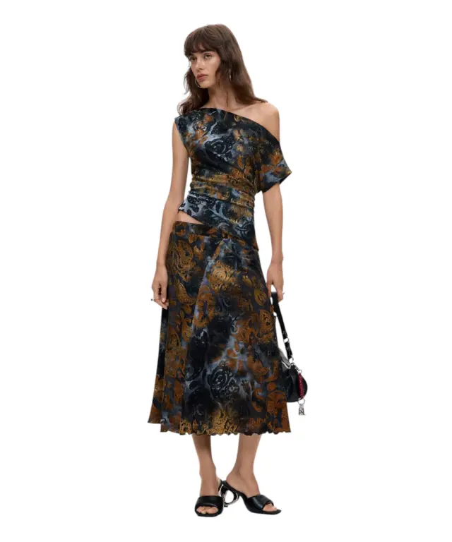 Desigual - Γυναικεία Πλεκτή Φούστα Σωλήνας Dublin 26WWFK04-5030 Μπλε/Καφέ