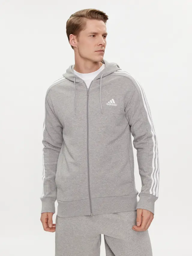 Adidas Essentials 3-Stripes Ανδρική Ζακέτα Fleece με Κουκούλα και Φερμουάρ Γκρι IJ6479 - ΓΚΡΙ - XL