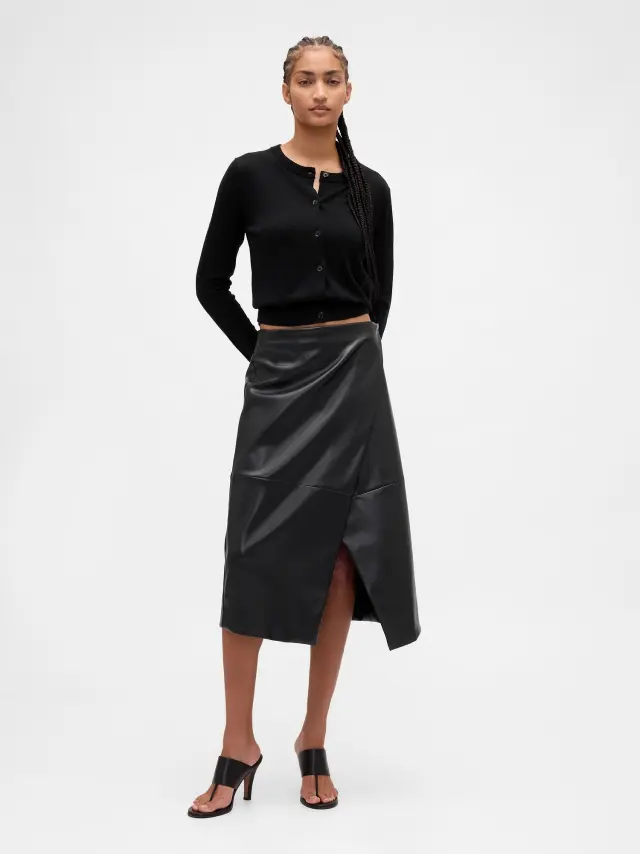 Ανακυκλωμένη Vegan Δερματινη Midi Wrap Φούστα true black