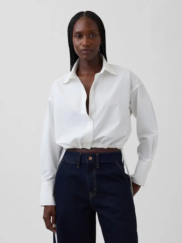 Γυναικείο Πουκάμισο Oversized απο Ποπλίνα Cropped με Δεσιμο στο Στρίφωμα white