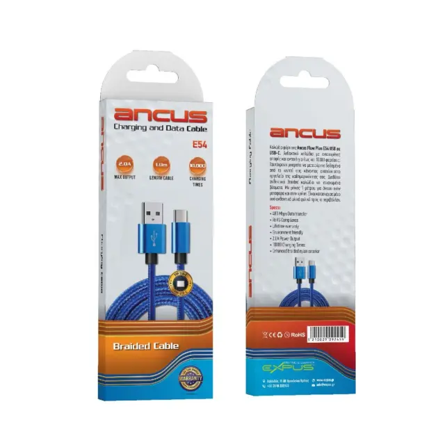 Καλώδιο Σύνδεσης και Φόρτισης Ancus Flow Plus E54 USB σε USB-C 2.0A και Braided Καλώδιο Μπλε 1m Με 5 Χρονια Εγγύηση