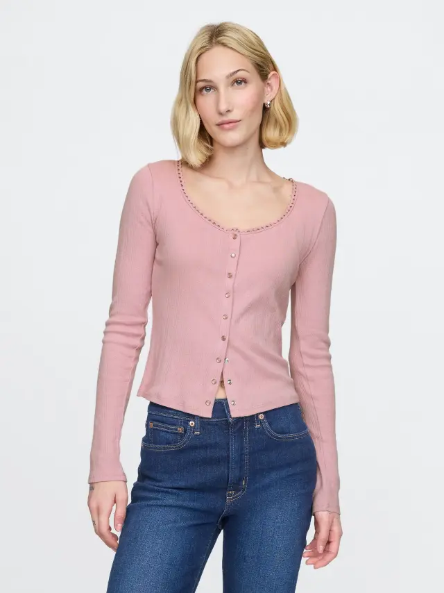 Ροζ Cropped Pointelle Ζακέτα Princess pink - L