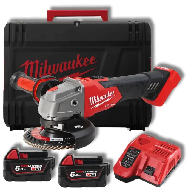 Milwaukee 4933478430 - Γωνιακός Τροχός Μπαταρίας 125mm με Συρόμενο Διακόπτη και Φρένο M18 FSAG125XB-502X με HD Box Μεταφοράς, Φορτιστή + 2 Μπαταρίες 5.0Ah (2×5.0Ah)