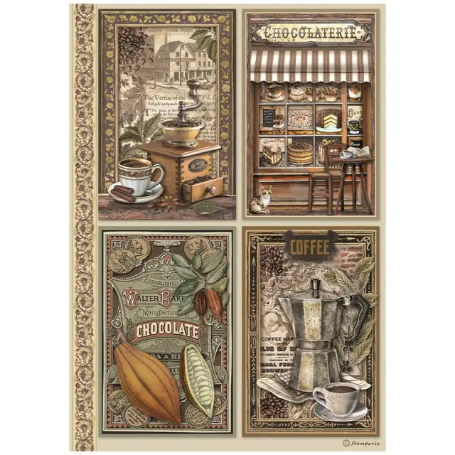 Ριζόχαρτο ντεκουπάζ Stamperia 21x29cm A4, Coffee and Chocolate, 4 cards