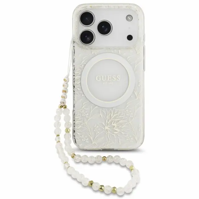 Θήκη PU/ Silicon Guess Apple iPhone 18 Pro/ 17 Pro Magsafe IML Flowers με Pearl Strap Λευκό N71753