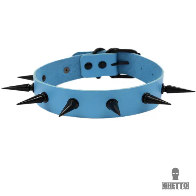 Ghetto Punk Metal Spike Choker Leather Necklace Blue
