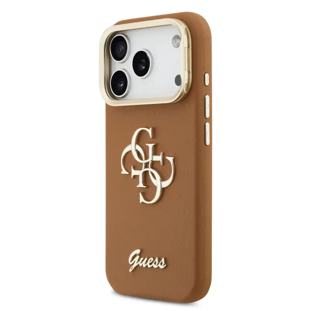 Guess PU Grained 4G Logo Stand Camera Frame Case for iPhone 17 Pro Brown 2