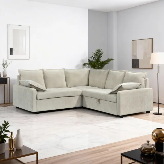 Γωνιακός καναπές κρεβάτι Lounivo pakoworld ύφασμα μπεζ 215x215x84εκ 2