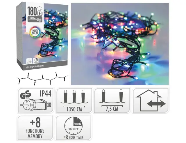 180 Φωτάκια LED - 13.5 Μέτρα + 3 Μέτρα σύνδεσης, Κανονική Διάταξη, με χειριστήριο, 8 προγράμματα, Πράσινο καλώδιο PVC - Πολύχρωμο AX8452130 2