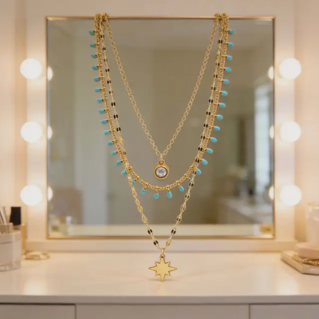 Triple Layer Gold Necklace with Enamel Accents