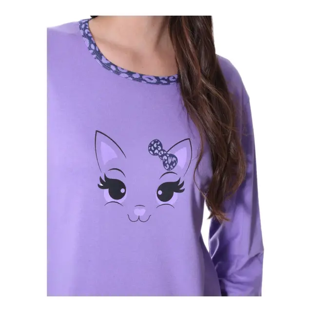 Lydia Creations Γυναικεία Πυτζάμα Kitty με Animal Print Παντελόνι, Χρώμα Λιλά 2