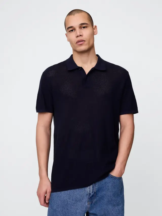 Textured Crochet Πόλο Μπλούζα Navy blue