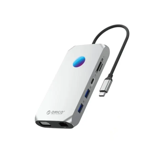 Orico Docking Station XCR 12in1 RGB 2x USB-A 3.1 1x USB-A 2.0 1x USB-C PD 100W 1x USB-C 3.1 2x HDMI 2.0 4K60Hz 1x VGA 1080p 1x microSD/SD 3.0 1x RJ Gigabit Ethernet 1x Audio CTIA 3.5mm Gray