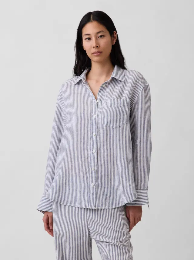 Γυναικείο Πουκάμισο Oversized απο 100% Λινό Ύφασμα Blue & white stripe