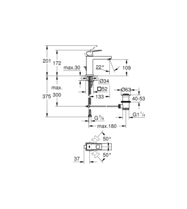 Μπαταρία Νιπτήρα GROHE EUROCUBE 1/2 Μ-Μέγεθος chrome 23445000 2