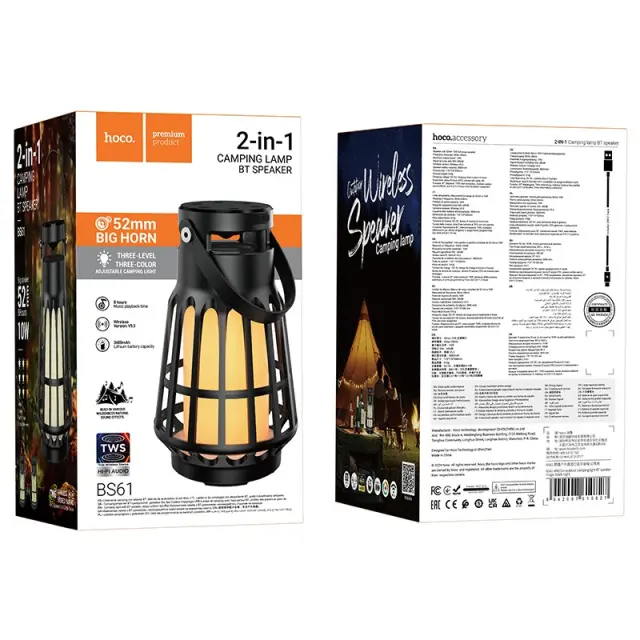Bluetooth Φορητό Ηχείο Hoco BS61 Camping Lamp V5.3 8h TWS 10W 3600mAh με Micro SD FM USB και Outdoor Sound Effects Μαύρο 2
