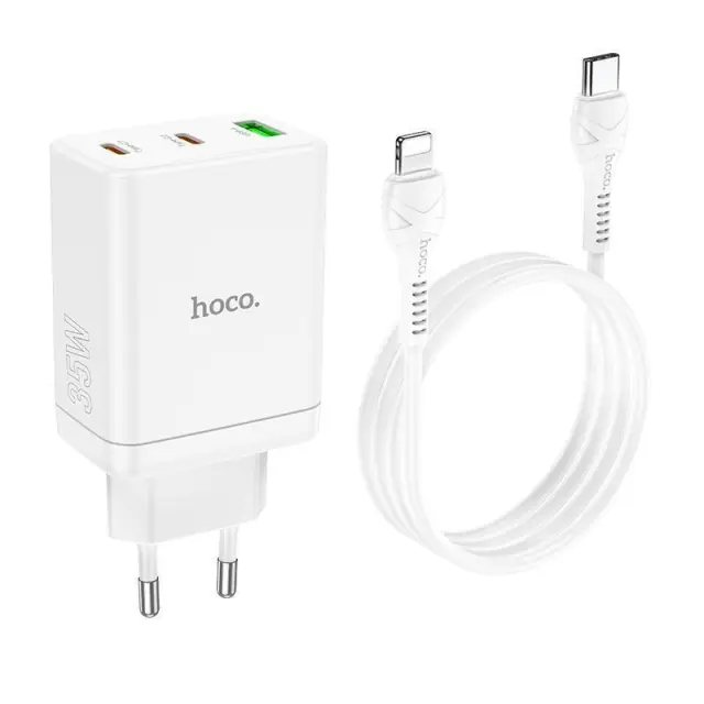 Phone charger Hoco 2 x USB C + USB A QC3.0 PD 3A 35W + cable USB C to Lightning N33 white