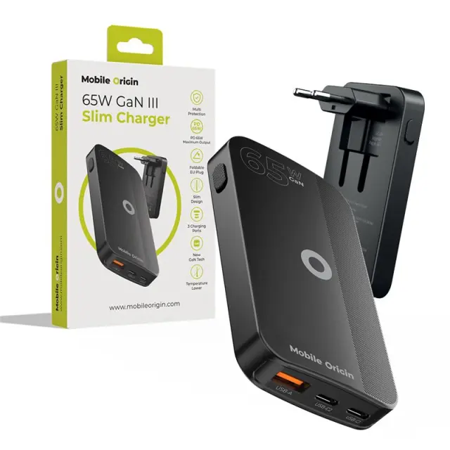 Mobile Origin 65W GaN III Slim Charger dual USB-C, Single USB-A black